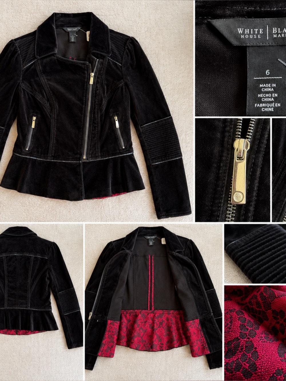 White House Black Market Black Velvet Zip Jacket with Peplum Hem